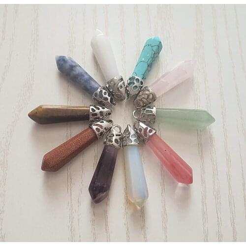 2021 1pcs Fashion Good Quality Natural Amethysts Crystal Stone Alloy Pillar Pendulum Charms Pendants For Jewelry Making 8*36mm