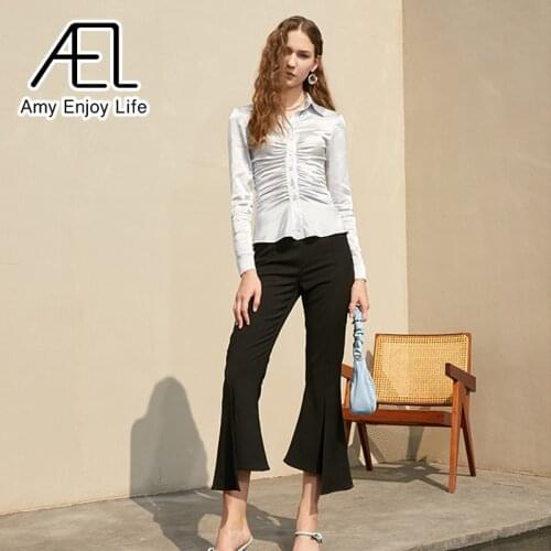 AEL Summer Flare Pants Women Ankle-Length Asymmetry Sexy Slim Ladies Trousers Black Fashion Streetwear