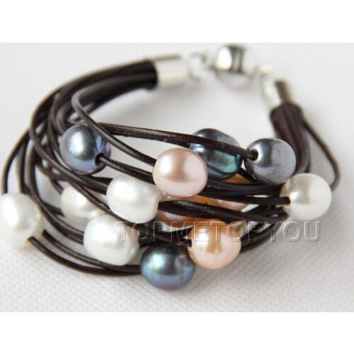Free shipping hot sale Women Bridal Wedding Jewelry >>WOW 15Strands white pink black pearls wine red leather bracelet magnet