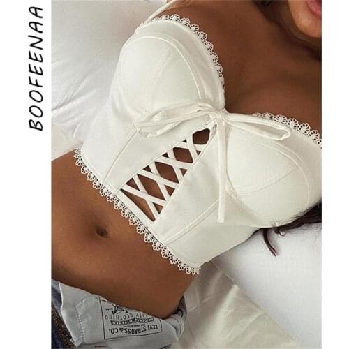 BOOFEENAA White Bustier Crop Top Women Sexy Clubwear Summer 2020 Lace Hollow Backless Camis Spaghetti Strap Tank Tops C71-I97