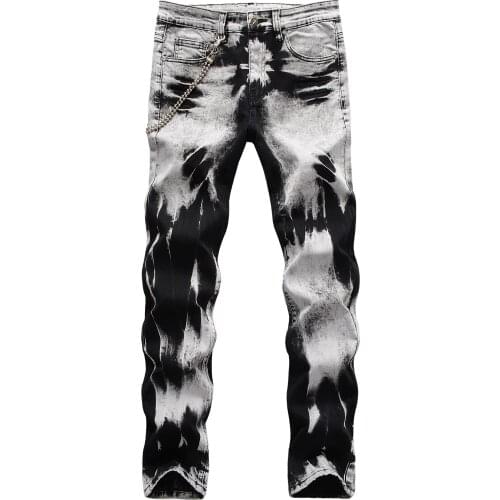 New Summer mens male trousers street style fried snowflake retro hanging chain decoration stretch slim jeans denim pants 1075