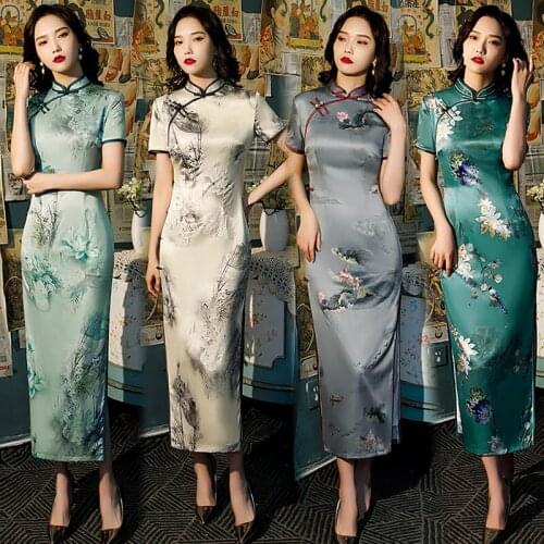 2021 Summer New Style Oversize Ladies Chinese Style Cheongsam Traditional Satin Retro Ethnic Style Long Elegant Qipao
