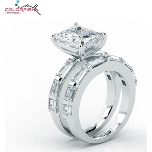 COLORFISH 925 Sterling Silver 8mm x 10mm Emerald Cut Engagement Ring Set Bridal Jewelry 3 Carat Women Ring Set