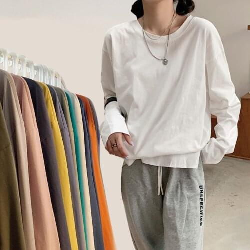 Autumn New Korea Fashion Long Sleeve T-Shirt Women Basic Tee Shirt Oversize Female 100% Cotton T Shirt Daily Casual O-Neck 5XL