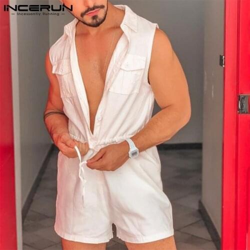 INCERUN Man Casual Multi Pockets Cargo Overalls Summer Solid Color Jumpsuits Short Sleeve Shirts Drawstring Shorts Rompers S-5XL