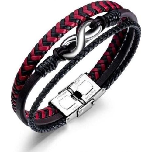 Leather Stainless Steel Bracelet MenBracelet Red-black Intercolor Leather Bracelets for Men jewelry bangles