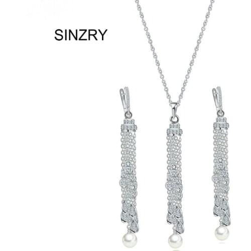 SINZRY trendy jewelry Cubic Zirconia long tassel pendant necklace earring set elegant imitation pearl jewelry set for women