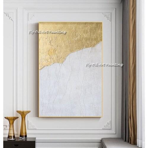 Best 100% Handmade Thick Oil Painting Modern Abstract Gold Foil White On Canvas Large Wall Art Home Decor For Lving Room