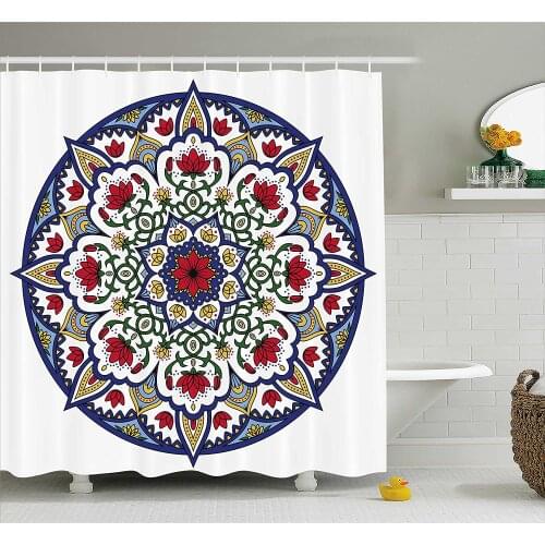 Moroccan Shower Curtain Asian Ethnic Mandala Lotus Flowers Kaleidoscopic Circular Ancient Traditional Bath Curtains For Bathroom