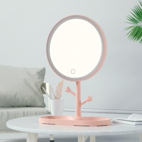 LED Lighted Desktop Makeup Mirror with Base Hooks USB Rechargeable Portable Stepless Dimming Lamp Adjustable Angle Cosmetic for
