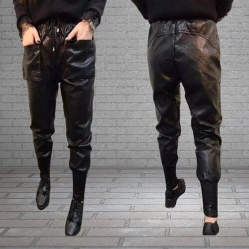 Spring and autumn new slim micro-elastic leather pants female PU leather harem pants high quality feet pants loose pants