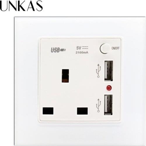 New Arrival Dual USB Socket Charger Port for Mobile 13A UK Standard Wall Power Socket White Crystal Glass Panel Outlet 2100mA