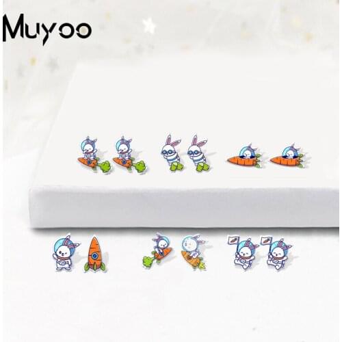 New Cute Funny Rabbit Astronaut Flying with Carrot Rocket Graffiti Acrylic Epoxy Resin Stud Earrings for Kids