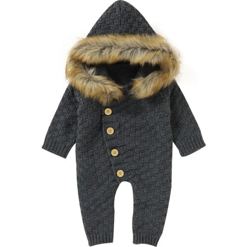 Baby Girls Boys Clothes Knitted Rompers Autumn Winter Solid Color Single-breasted Long Sleeve Hooded Jumpsuit with Wool Collar