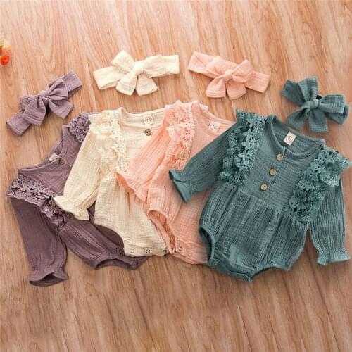Newborn Baby Girl Autumn Winter Bodysuit Soft Lace Long Sleeve Jumpsuit Solid Playsuit With Baby Girl Headband 0-24M