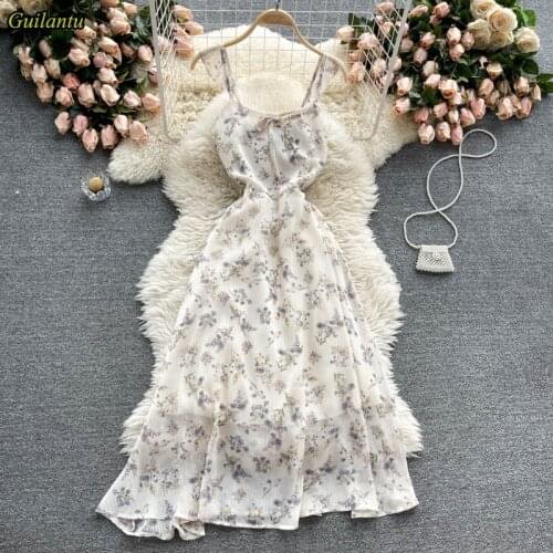 Guilantu Summer Print Floral White Dress Women Spaghetti Strap Backless Beach Dress Vestios Mujer Bohemian Chiffon Long Dresses