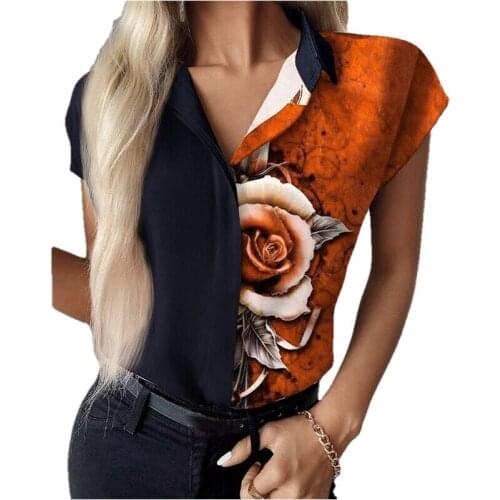 Summer Short Sleeve Turn-Down Collar Floral Print Tops Women Casual V-Neck Single-Breasted Stitching Shirts Ladies Streetwear