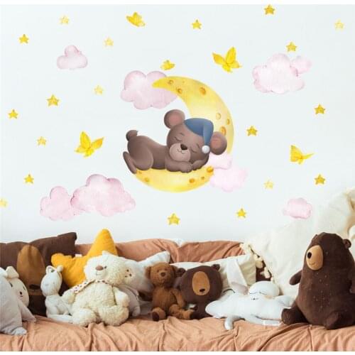 BalleenShiny Creative Childrens Room With Cartoon Bear Lying On The Crescent Moon Wall Stickers Decorative Self-adhesive Paper