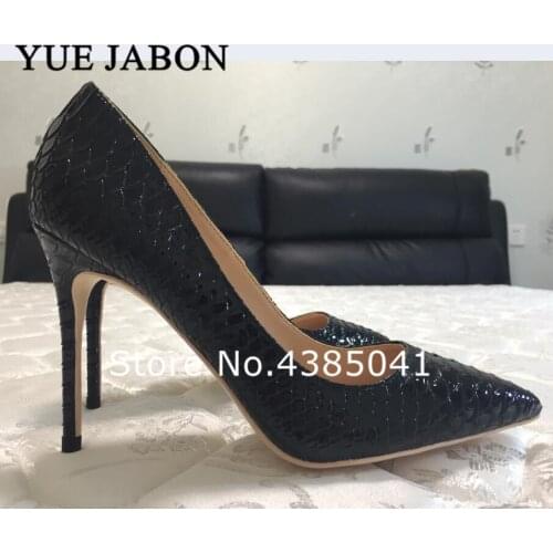 YUE JABON Black Snake Pattern Womens Shoes High Heel 12cm 10cm 8cm Heel Sexy Pumps Shoes Plus Size 43 Zapatos Mujer Dress Shoes