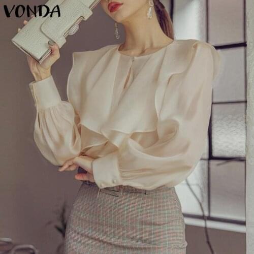 Women Lace Blouse Sexy Long Sleeve Solid Color Pleated Button Up Shirts Casual Tops 2021 VONDA Ladys Office Shirts Femininas