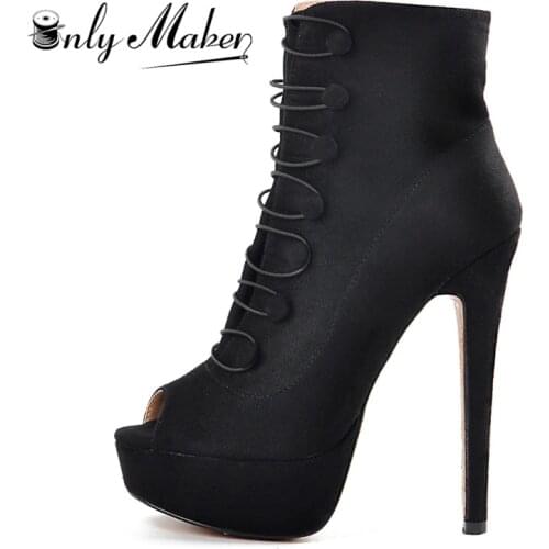 Onlymaker Womens Platform Peep Toe Heeled Bootie Faux Suede Stiletto High Heels Lace Up Button Side Zipper Flock Ankle Boots