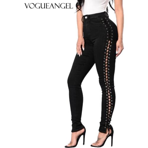 2021 New Lace-Up Jeans Woman Plus Size Stretchy Denim High Waist Pencil Skinny Pants Holes Hollow Out Jeans Streetwear 3XL