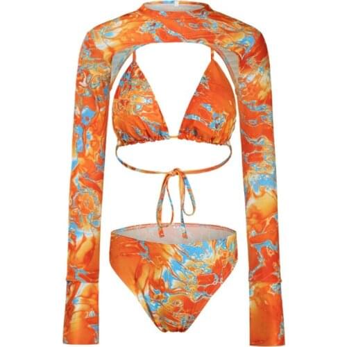 Women Sexy 3 Pieces Micro Bikini Set Tie-Dye Printed Triangle Halter Brazilian Swimsuit with Long Sleeve Sunscreen Up Dropship