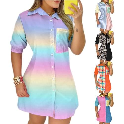 Women Short Sleeve Long Shirt Variegated Color Printed Pattern Turn-Down Collar Dress S M L XL XXL