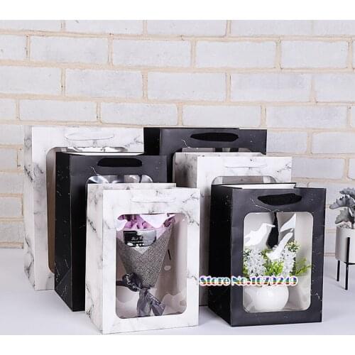 100pcs/lot Black Marble paper bag with Clear window. Clothing scarf toy shipping bag. luxury gift bags with handles party favor