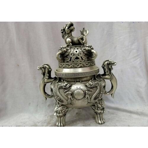 11" China silver censer fine dragon play bead Foo Dogs incense burner Sculpture