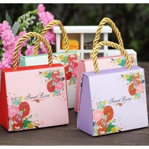 50Pcs/Lot Wedding Paper Gift Bags With Handles Wedding Favors For Guests Pink/Purple Flower Printing Candy Boxes Party Favors