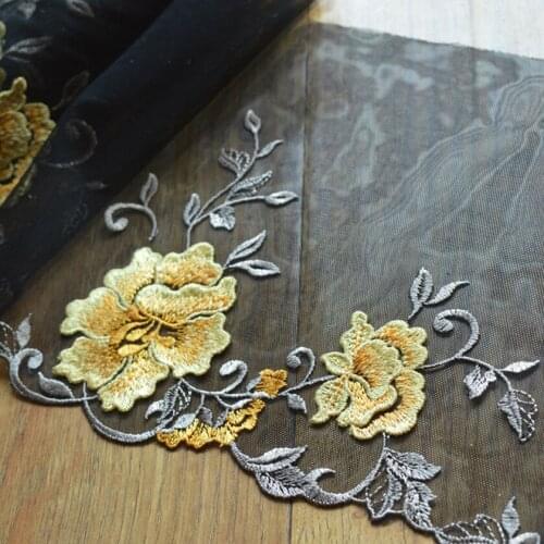 5YDS Black Transparent Mesh 3D Yellow Thread Flower Embroidered Scalloped Tulle Lace 21cm Width Wedding,Garment,Undergarment