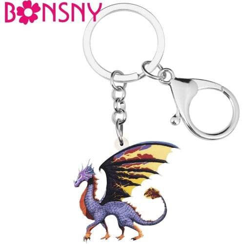 BONSNY Acrylic Wings Purple Cute Dragon Dinosaur Keychains Ring Fashion Purse Backpack Key Chain Charms Jewelry For Women Girls