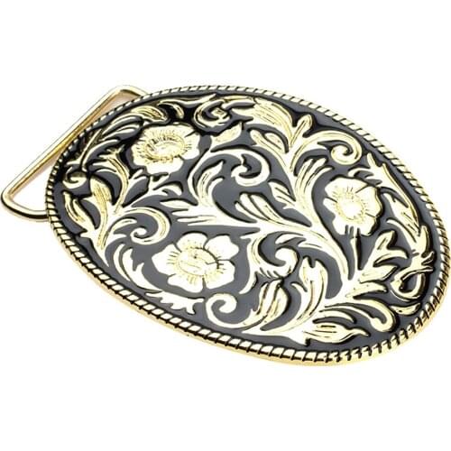 Zinc Alloy Vintage Engraved Golden Ancient Floral Pattern Smooth Oval Belt Buckle