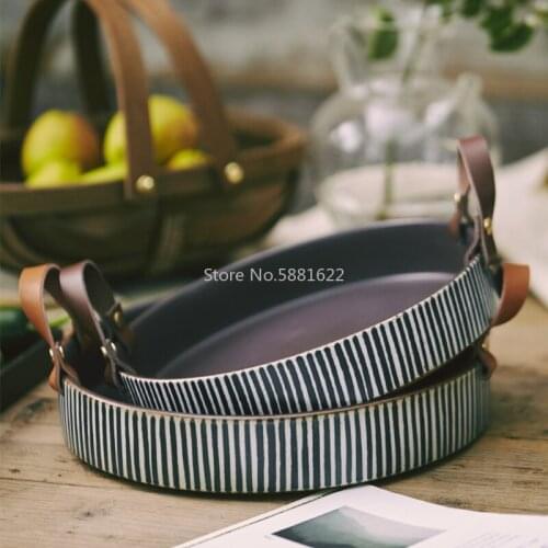 Exclusive Handmade Ceramic Bowl with Cow Leather Handle Stripe Round Sallow Salad Plate
