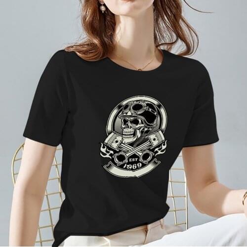 T-shirts Women Casual All-match Black O-neck Tops Harajuku Skull Pattern Series Female Tee Comfortable Soft Cloth Women Clothes
