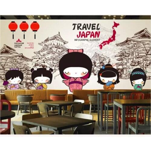Customized formaldehyde-free classic vintage wall paper hand-painted cute Japanese restaurant background 3d wallpaper