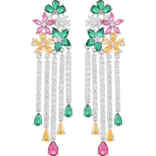 LARRAURI Charm Multicolor Cubic Zirconia Naija Wedding Earring Fashion Jewelry Luxury Trendy Flower Cluster Drop Tassel Earrings