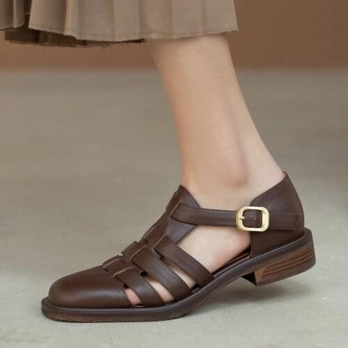 Summer Women Genuine Leather Shoes Ladies Low Heels Sandals Fashion Woman Square Toes Block Heels Casual Shoes Black Brown 34-40