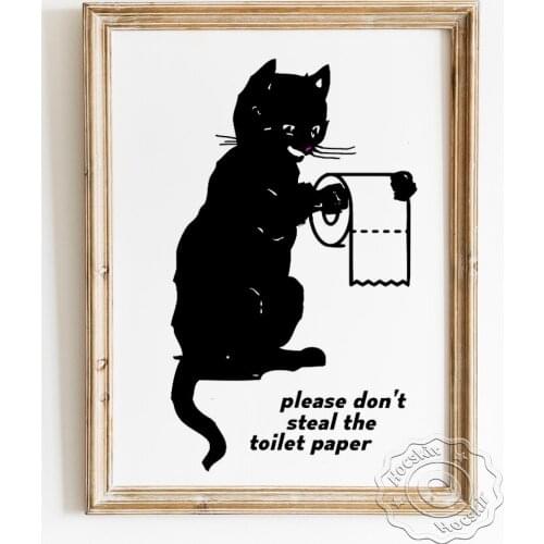 Humor Toilet Sign Black White Poster, Funny Bathroom Art Prints Wall Decor, Modern Love Cat Canvas Painting, Housewarming Gift