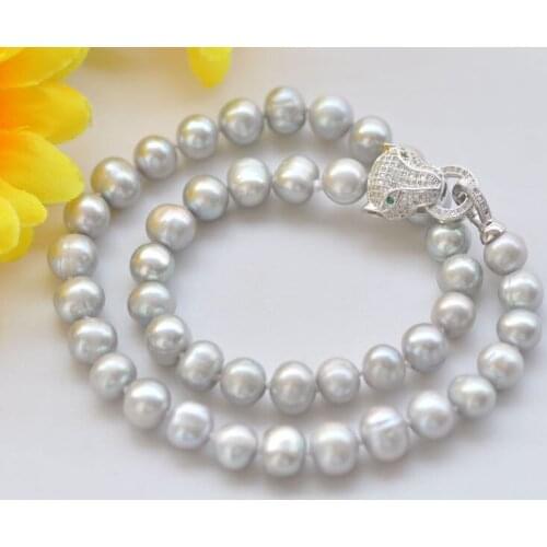 Natural breeding freshwater gray pearl 9-10MM 18" leopard head clasp