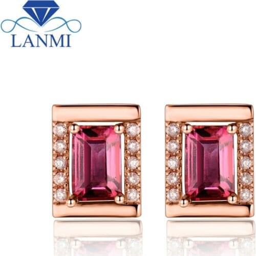 New Emerald Cut 4x6mm 18K Rose Gold Natural Tourmaline Wedding Earring, 750 Gold Diamond Stud Earring WE053