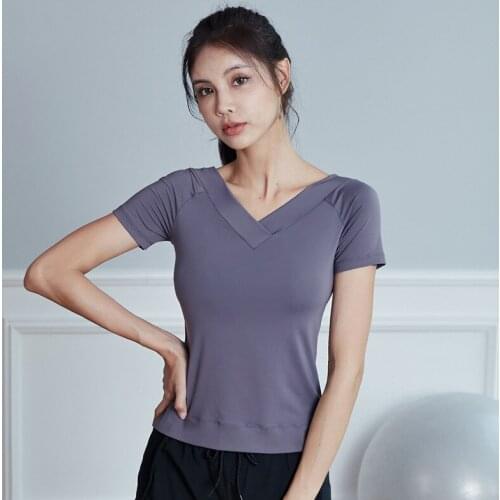 New V-neck Gym Yoga Shirts Fitness Workout Short Sleeve Women Summer Quick Dry Sports Training T-shirts Running Sportswear Tops