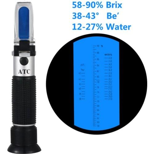 Portable Honey Refractometer Beekeeping Tester Bees 58-90% Brix / 38-43 Be' (Baume) / 12-27% Water Range Tri-scale Measurement