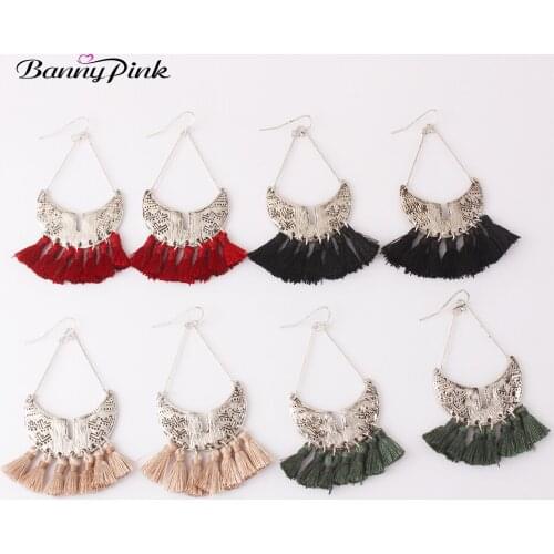 Banny Pink National Element Tribal Sign Moon Crescent Big Pendant Dangle Earrings Ethnic Multilayer Tassel Fringe Drop Earrings