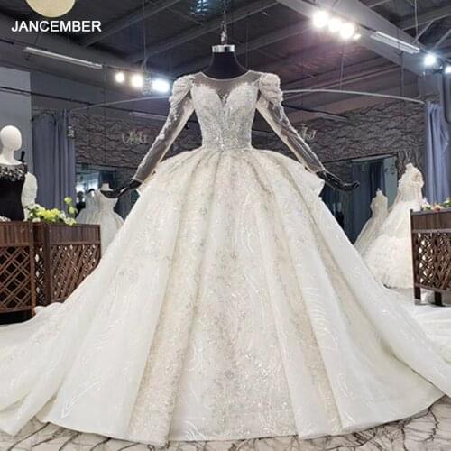 HTL1624 Champagne Large Crystal Sequin Beads Wedding Dress 2020 O-Neck Long Sleeeve Zipper With Back свадебное платье с рукавам