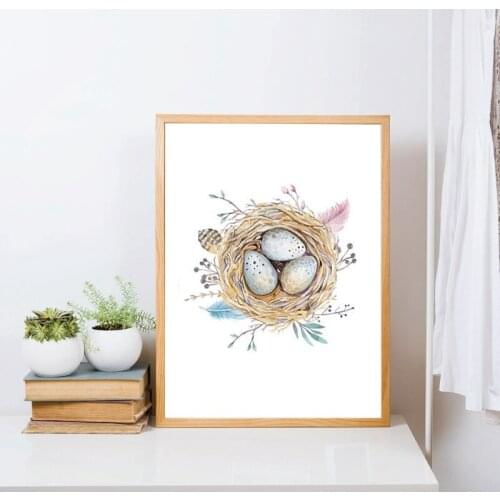 Magical Cute Bird Nest Print Watercolour Natural Feather Canvas Painting Baby Nursery Art Wall Decor