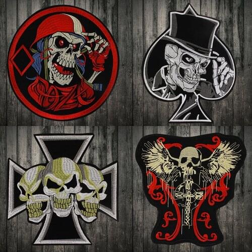 Top Quality cross Skull Embroidered Spades Top Hat red Skull Iron On Patch Motorcycle Biker Club Patch Front Jacket Patch DIY