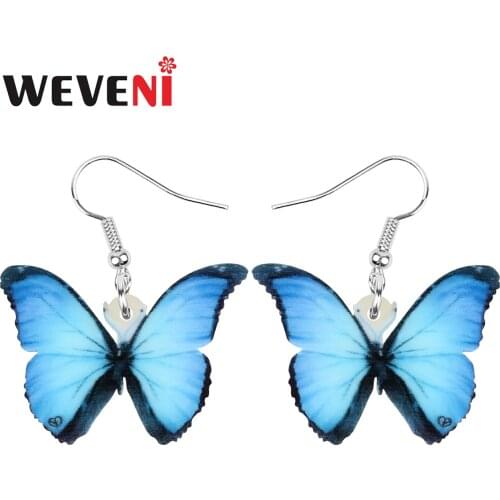 WEVENI Acrylic Blue Morpho Butterfly Earrings Big Insect Animal Dangle Drop Jewellery For Women Girls Friends Funny Party Gift