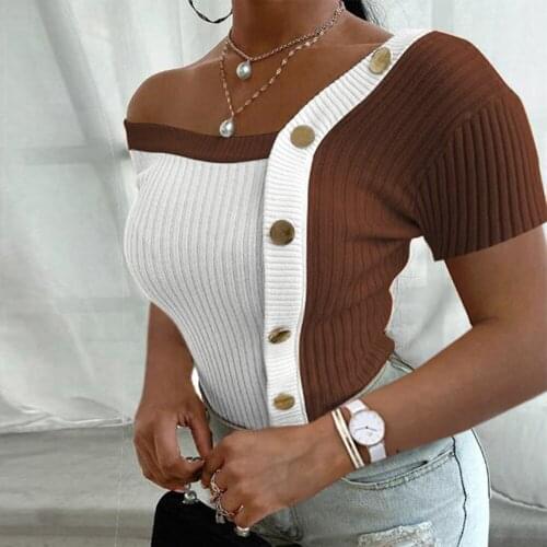 Womens short-sleeved T-shirt 2021 summer new style One-shoulder one-line neck hit color lightly cooked commuter clothes